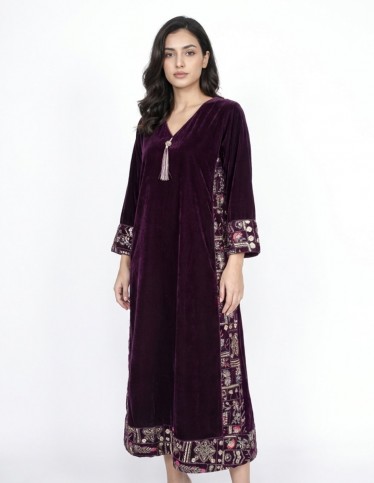 "Makhimal" Velvet Jalabiya with Sequin Embroidery & Midi Length.