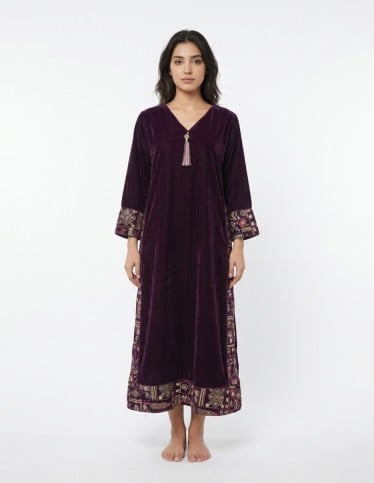 "Makhimal" Velvet Jalabiya with Sequin Embroidery & Midi Length.