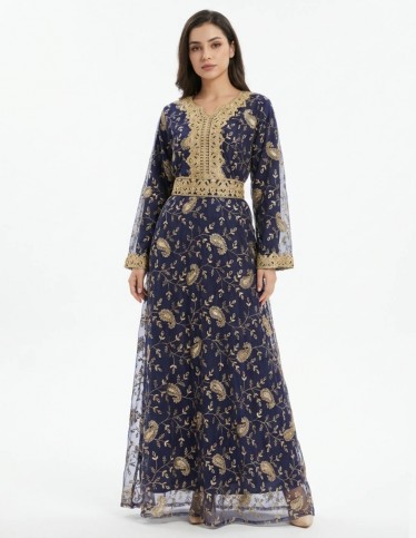 "Tulin" 2-Piece Attached Evening Jalabiya in Embroidered Tulle with Belt.