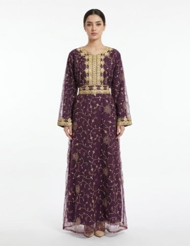 "Orchid" All-over Embroidered Tulle Jalabiya with Elegant Belt.