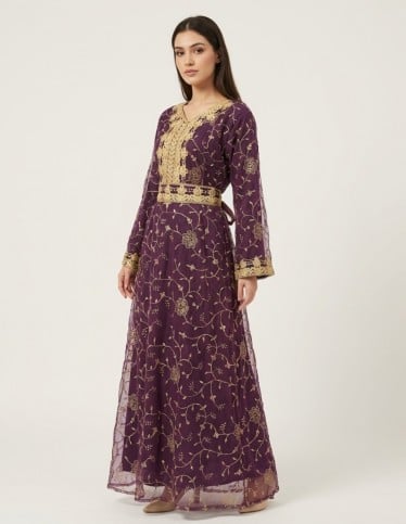 "Orchid" All-over Embroidered Tulle Jalabiya with Elegant Belt.