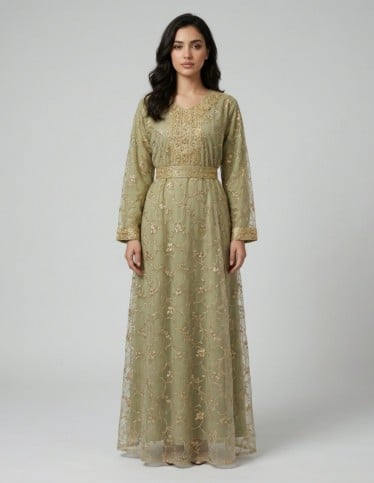 "Pistachio" All-over Embroidered Tulle Evening Jalabiya with Belt.