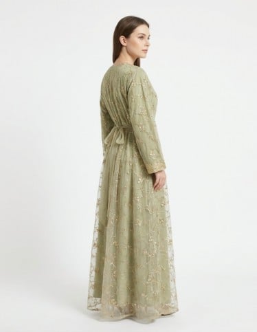 "Pistachio" All-over Embroidered Tulle Evening Jalabiya with Belt.