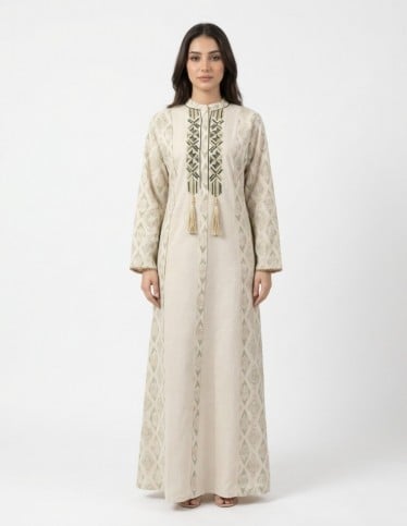 "Haya" Modern Jalabiya - Plain & Floral Mix with Chest Embroidery & Accessories.
