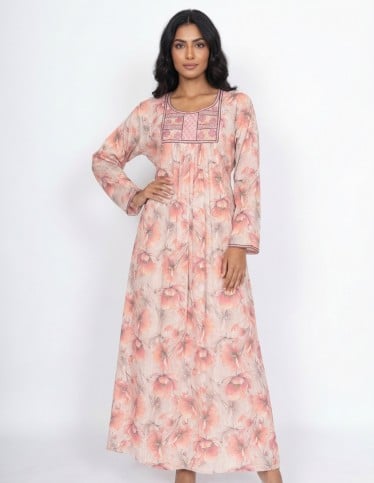 Spring Bloom Floral Jalabiya with Elegant Yoke Embroidery