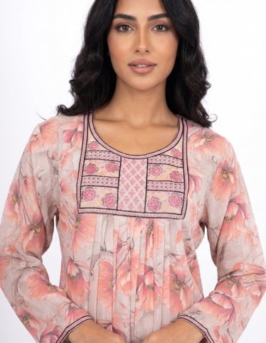 Spring Bloom Floral Jalabiya with Elegant Yoke Embroidery