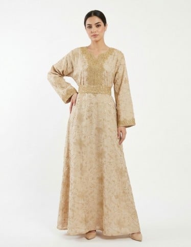 "Desert Pearl" Luxury Beige Jalabiya with All-over Kasab & Sequin Embroidery.