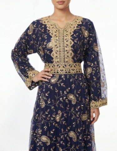 "Tulin" 2-Piece Attached Evening Jalabiya in Embroidered Tulle with Belt.