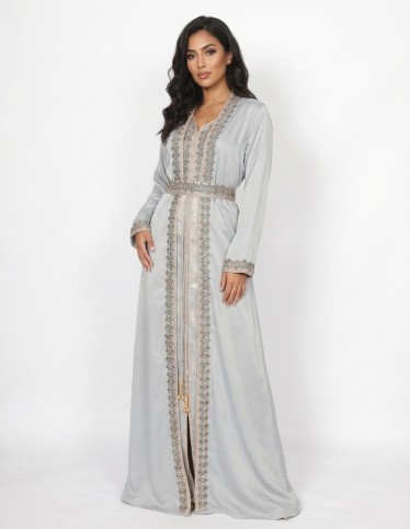 Luxury 2-Piece Evening Jalabiya - Hand-Beaded Embroidery with Elegant Belt.