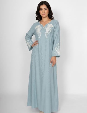 "Fayrouz" Reception Jalabiya  Turquoise Wool Like Fabric with Elegant Chest Embroidery.