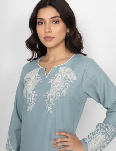 "Fayrouz" Reception Jalabiya  Turquoise Wool Like Fabric with Elegant Chest Embroidery.