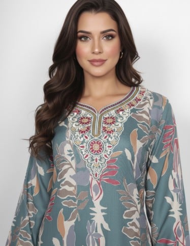 "Kashmir" Reception Jalabiya Printed Pashmina Feel Fabric with Delicate Embroidery.