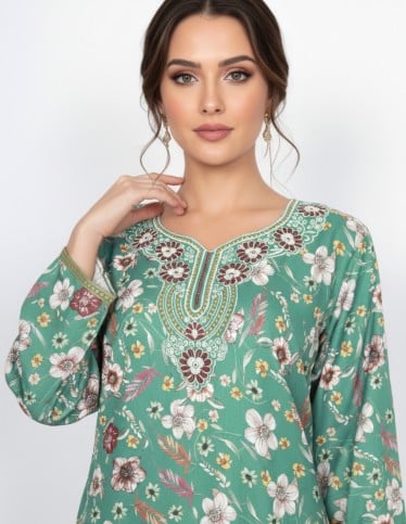 "Kashmir" Reception Jalabiya Printed Pashmina-Feel Fabric with Delicate Embroidery.