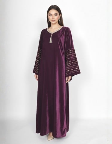 "Al-Reem" Velvet Gown – Embroidered Neckline & Flared Statement Sleeves.