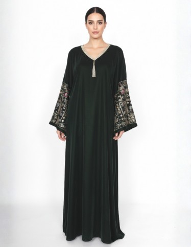 "Nour" Velvet Gown – Jeweled Bodice & Embroidered Royal Flared Sleeves.