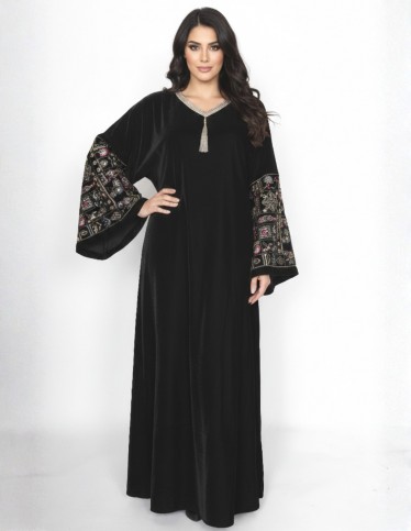 "Nour" Velvet Gown – Jeweled Bodice & Embroidered Royal Flared Sleeves.