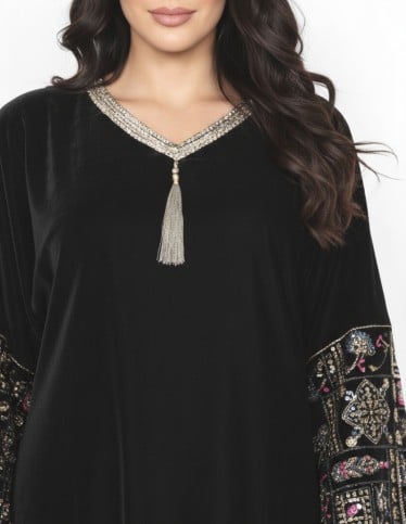 "Nour" Velvet Gown – Jeweled Bodice & Embroidered Royal Flared Sleeves.