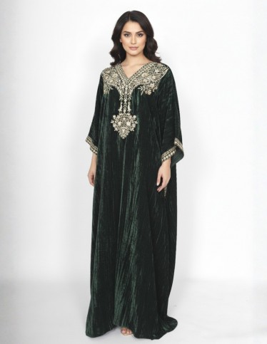 "Velvet Butterfly" Gown Crushed Velvet with Royal Chest & Sleeve Embroidery.