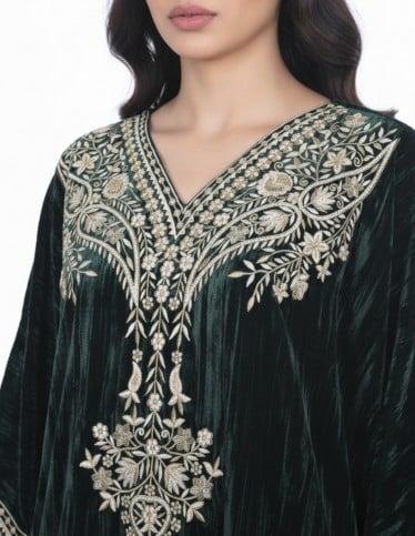 "Velvet Butterfly" Gown Crushed Velvet with Royal Chest & Sleeve Embroidery.