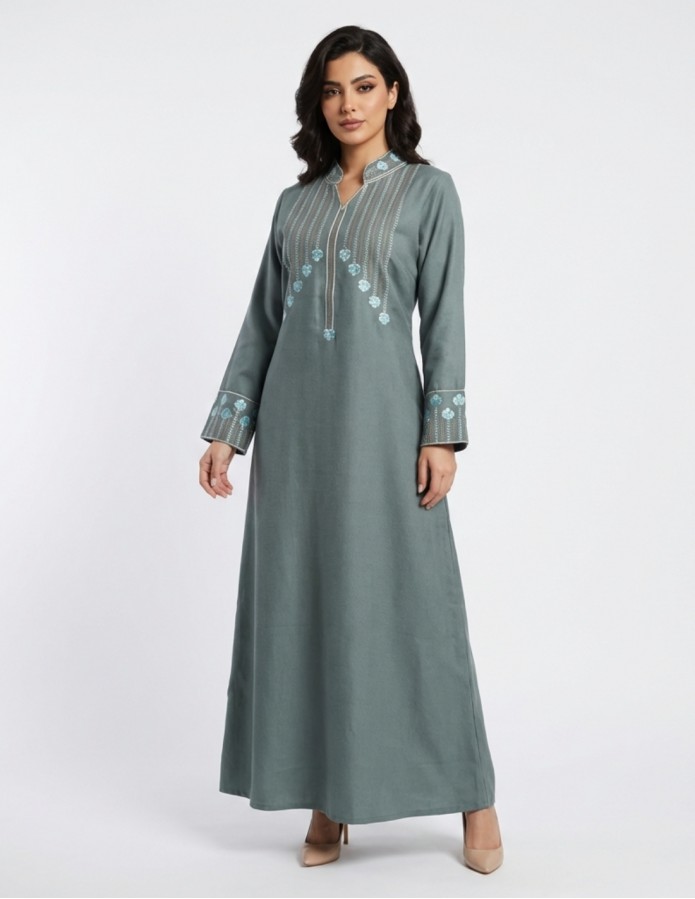 "Ru’a" Luxury Reception Jalabiya – Wide Sleeves with Elegant Thread Embroidery.