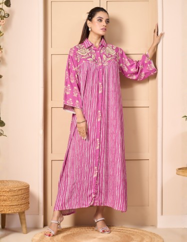 "Daylight Bloom" Modern Jalabiya – Shirtdress Design with Printed Fabric & Elegant Embroidery.
