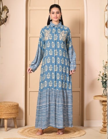 "Areej" Modern Jalabiya – Tiered Shirt-Dress Design with Floral & Striped Prints.