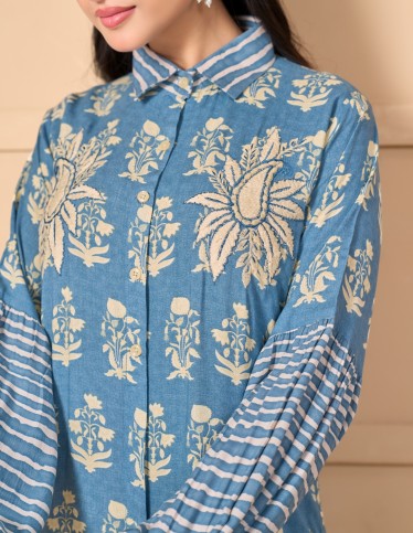 "Areej" Modern Jalabiya – Tiered Shirt-Dress Design with Floral & Striped Prints.