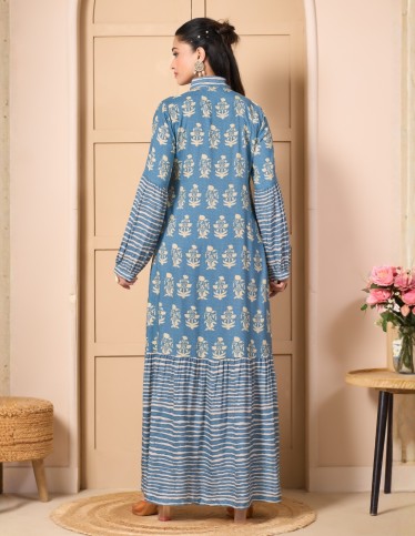 "Areej" Modern Jalabiya – Tiered Shirt-Dress Design with Floral & Striped Prints.