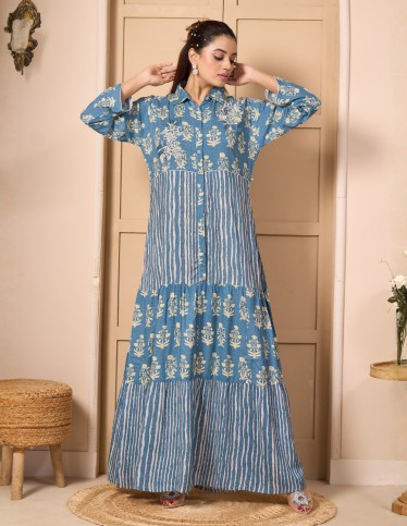 "Renad" Modern Gown – Tiered Shirt-Dress with Direct Embroidery.