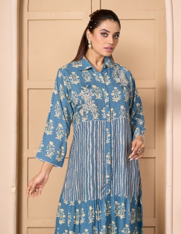 "Renad" Modern Gown – Tiered Shirt-Dress with Direct Embroidery.