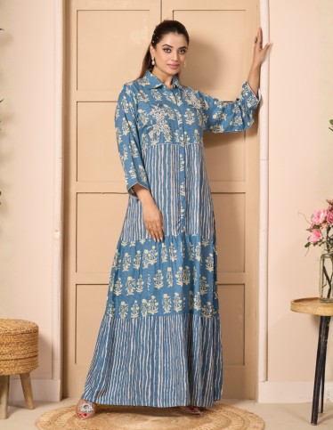 "Renad" Modern Gown – Tiered Shirt-Dress with Direct Embroidery.