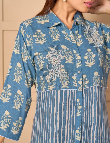 "Renad" Modern Gown – Tiered Shirt-Dress with Direct Embroidery.