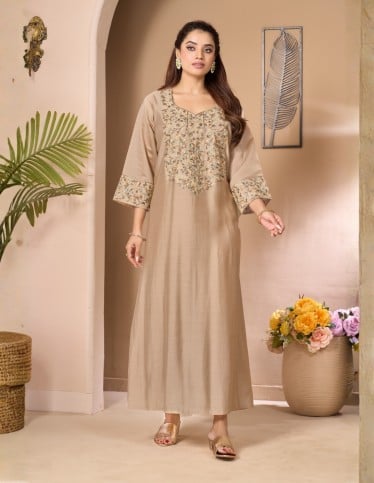 "Kashmir" Daily Jalabiya – Soft Silk-Crepe with 3/4 Sleeves & Kashmiri Art.