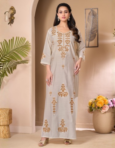 "Noor" Royal Reception Jalabiya – Off-White with Full Front Two-Tone Aari Embroidery.
