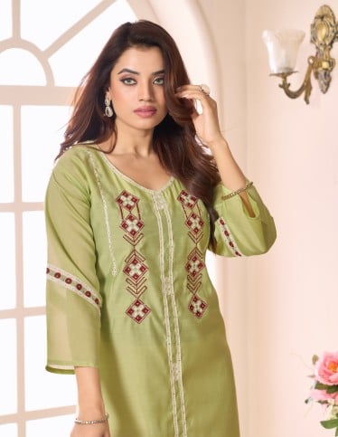 "Pistachio Bloom" Home Kaftan – Two-Tone Aari Embroidery with Full Sleeves.