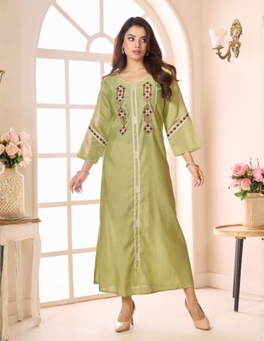 "Pistachio Bloom" Home Kaftan – Two-Tone Aari Embroidery with Full Sleeves.