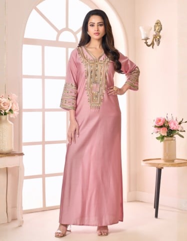 "Asala" Home Jalabiya – Pink with Colorful Asiri Embroidery & "Hiran" Sleeves.