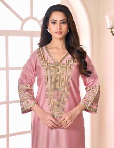 "Asala" Home Jalabiya – Pink with Colorful Asiri Embroidery & "Hiran" Sleeves.