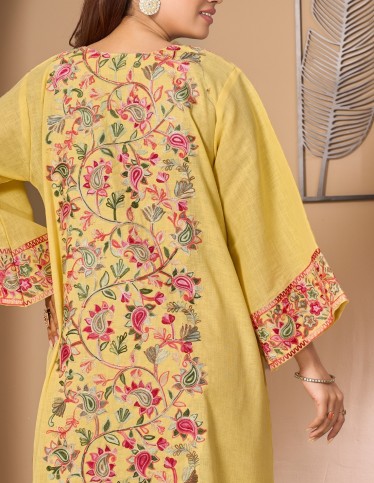 "Shams" Royal Reception Gown Yellow Linen Look with 360° Kashmiri Embroidery & Wide Sleeves.