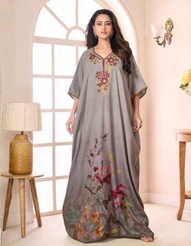 "Silver Mist" Daily Jalabiya – Grey Digital Print Butterfly Cut with Embroidery.