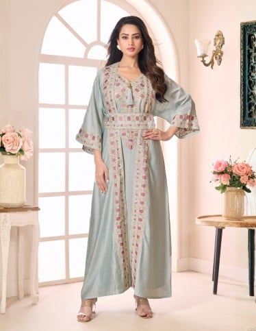 Seafoam 2-Piece Evening Kaftan with Colorful Threadwork & Silver Sequins.