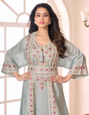 Seafoam 2-Piece Evening Kaftan with Colorful Threadwork & Silver Sequins.