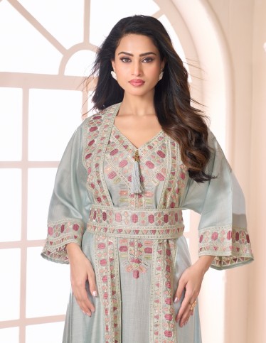 Seafoam 2-Piece Evening Kaftan with Colorful Threadwork & Silver Sequins.