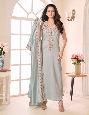 Seafoam 2-Piece Evening Kaftan with Colorful Threadwork & Silver Sequins.