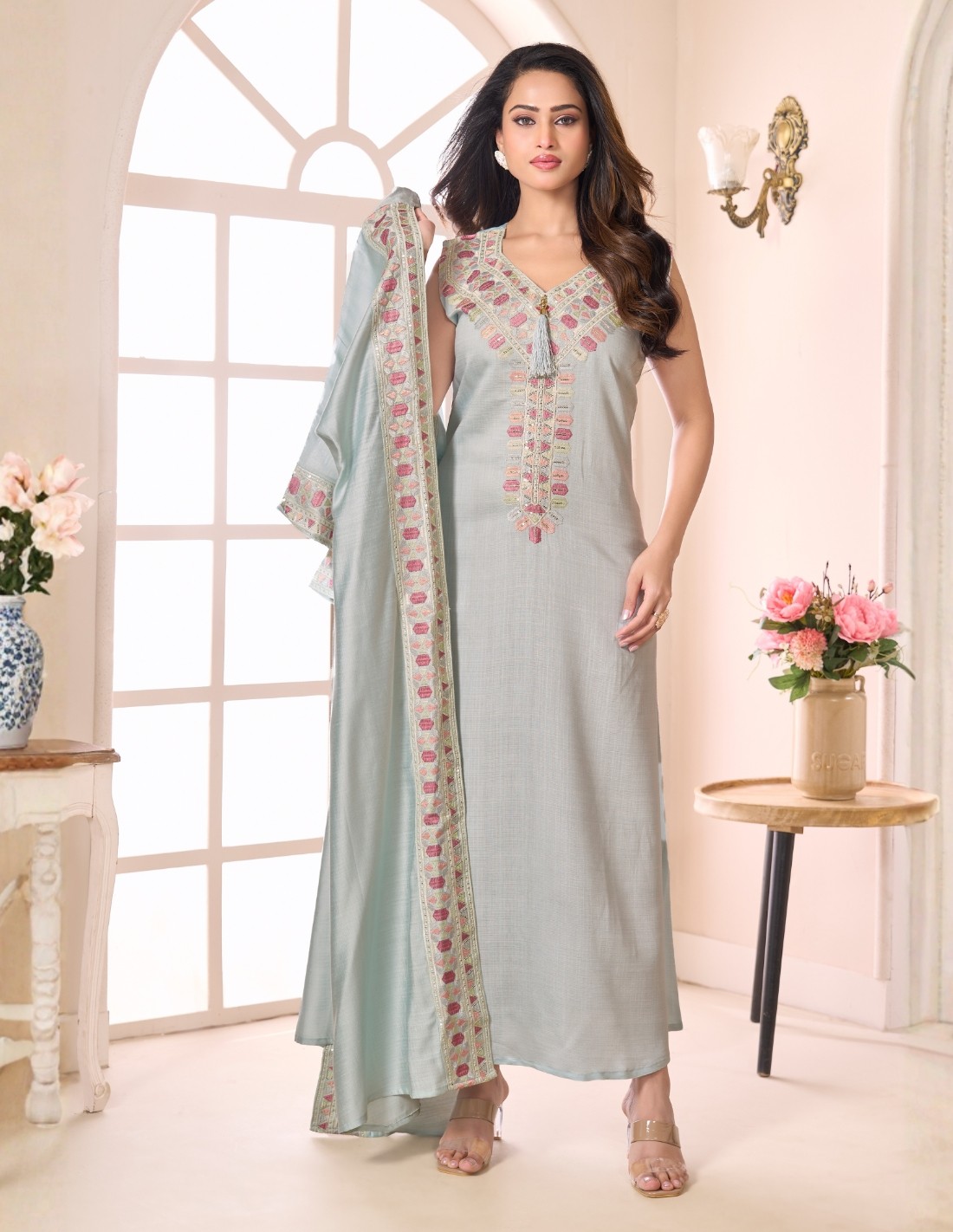 Seafoam 2-Piece Evening Kaftan with Colorful Threadwork & Silver Sequins.