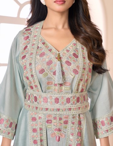 Seafoam 2-Piece Evening Kaftan with Colorful Threadwork & Silver Sequins.