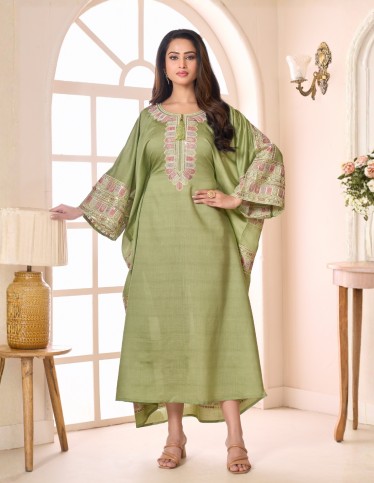 Olive Green Kimono-Style Evening Kaftan - Crepe-like Fabric with Threadwork & Sequins.