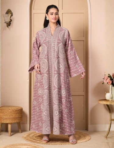 Luxury Mauve Evening Kaftan - Premium Fabric with Cream Threadwork & Silver Sequins.