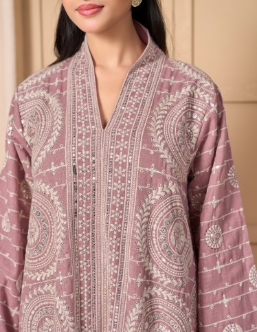 Luxury Mauve Evening Kaftan - Premium Fabric with Cream Threadwork & Silver Sequins.