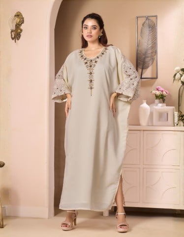 Luxury Cream Evening Kaftan - Roman Silk-like Fabric with Hand-Beaded Embroidery.